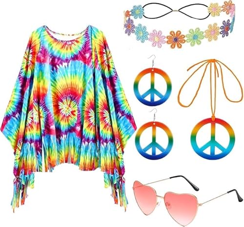 60er 70er Jahre Kostüm Damen,Hippie Kostüm Damen Set,Damen Poncho Set mit Hippie Accessoires,Hippie Kleid Damen,Disco Halloween Outfits,Hippie Damen Kleid Set für Halloween,Karneval Party von ZeiLaBang Kakadi