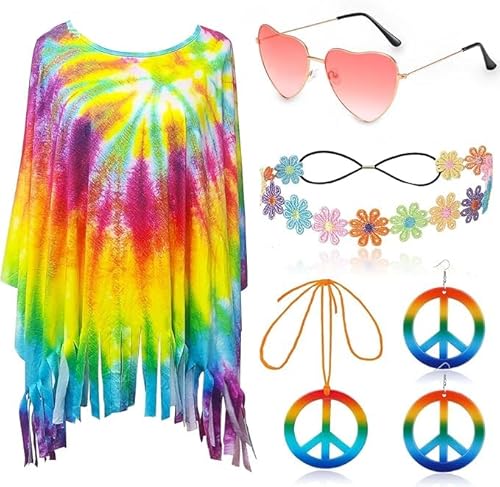 60er 70er Jahre Kostüm Damen,Hippie Kostüm Damen Set,Damen Poncho Set mit Hippie Accessoires,Hippie Kleid Damen,Disco Halloween Outfits,Hippie Damen Kleid Set für Halloween,Karneval Party von ZeiLaBang Kakadi