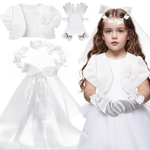 ZeiLaBang Kakadi Kommunion Mädchen Schulterjacke,Kommunion Haarkranz Haarband,Weiße Schleife Handschuhe,Hochzeit Brautjungfer Party Geburtstag Prinzessin Dress up von ZeiLaBang Kakadi