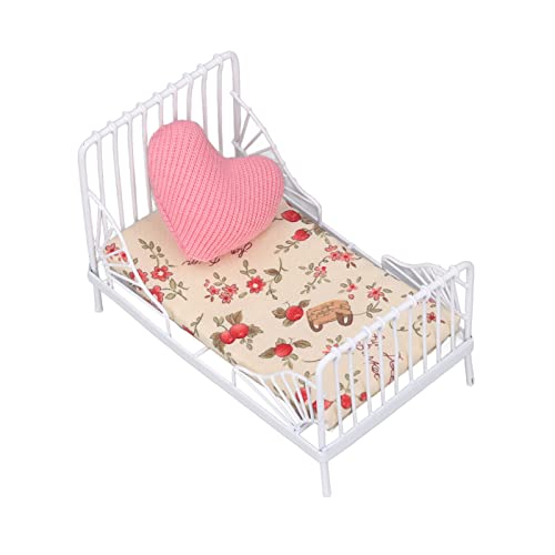 Zenithaur 1:12 Puppenhaus -Bett Set, Miniaturpuppenbett mit dekorativem Kissen und Metallrahmen für Kinderspielzimmer (Blumenmuster) von ZenithAur