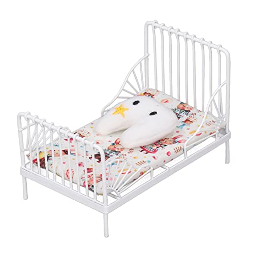 Zenithaur 1:12 Puppenhaus -Bett Set, Miniaturpuppenbett mit dekorativem Kissen und Metallrahmen für Kinderspielzimmer (Hasenmuster) von ZenithAur