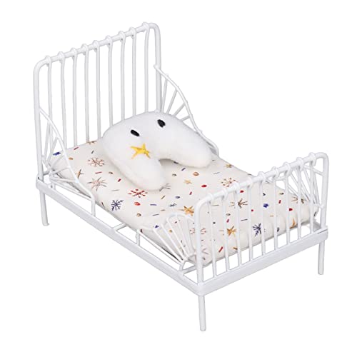 Zenithaur 1:12 Puppenhaus -Bett Set, Miniaturpuppenbett mit dekorativem Kissen und Metallrahmen für Kinderspielzimmer (Sternmuster) von ZenithAur