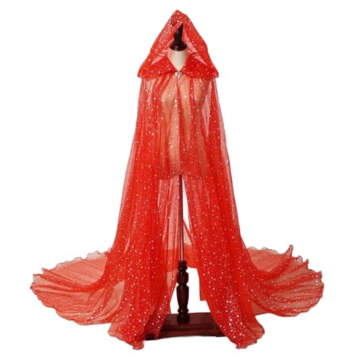 Zephylix Halloween Spitze Umhang Damen Tüll Kapuzenumhang Hexe Sheer für Cosplay Vampir Kostüm Hochzeit (Rot, 150cm) von Zephylix