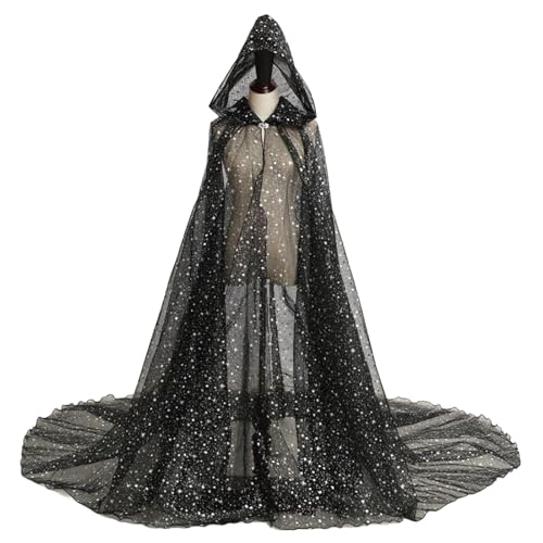 Zephylix Halloween-Spitzen-Umhang für Damen, Tüll, Kapuzenumhang, Hexe, durchsichtig, für Cosplay, Vampir-Kostüm, Hochzeit (Schwarz, 150 cm) von Zephylix