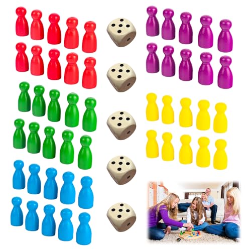 Zephyra 50 PCS Bunte Spielfiguren Aus Holz Für Brettspiele,Holzpuppen Spielfiguren,Halmakegel Aus Holz,mit 5 Würfel,Halmakegel,Spielkegel Set für Lern Brettspiele (Rot,Gelb,Blau,Grün,Violett) von Zephyra