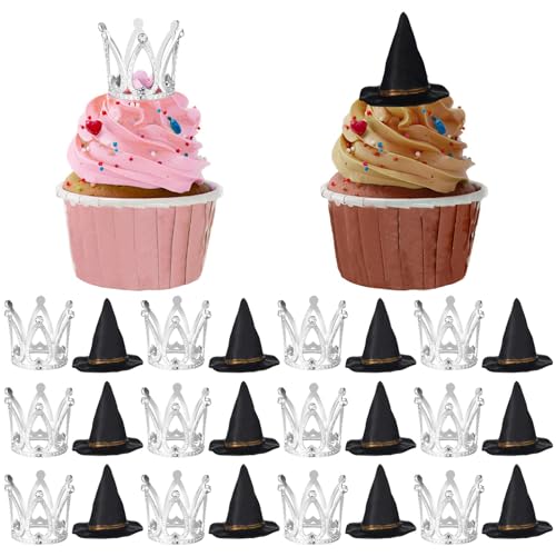 Zernblend 24 Stück Hexenhut und Kronen-Kuchenaufsatz, Happy Birthday Tortendeko, Cake Topper Geburtstag, Torten Deko von Zernblend