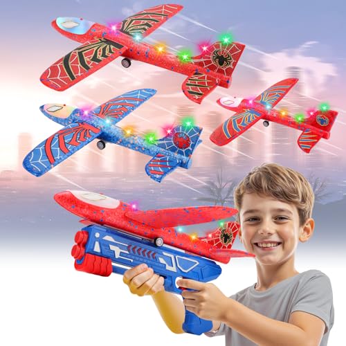 Flugzeug Spielzeug mit Spider Aufkleber, Wurfgleiter Styroporflieger mit Pistole Kinder Fiegendes Spielzeug ab 3 4 5 6 7 8 9 10 Jahre Kindergeburtstag Geschenke Jungen Mädchen Outdoor Garten Spiele von Zero-G Roadster