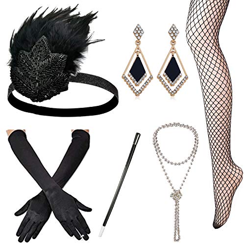 1920er Jahre Zubehör-Set Flapper Stirnband, Ohrringe, Perlenkette, Handschuhe, Netzstrumpfhose, Perlenarmband - - Einheitsgröße von ZeroShop
