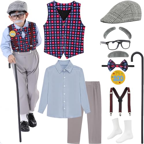 ZeroShop Alter Mann Kostüm für Kinder, Hüte mit Hemden, 100. Schultag, Opa, alte Person, verkleiden sich Outfit für Jungen, Grau, Größe S (5–7 Jahre) von ZeroShop