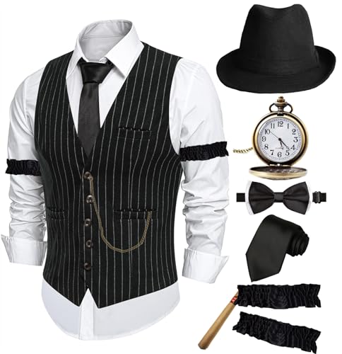 ZeroShop Halloween 1920er Jahre Herrenkostüm Peaky Blinders Brüllende 20er Jahre Gangster Mobster Outfit, Weste mit einfarbigem Hut und Streifen, Large ZeroShop Halloween 1920er Jahre Herrenkostüm Peaky Blinders Brüllende 20er Jahre Gangster Mobster Outfit, Weste mit einfarbigem Hut und Streifen, Large von ZeroShop