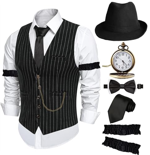ZeroShop Halloween 1920er Jahre Herrenkostüm Peaky Blinders Brüllende 20er Jahre Gangster Mobster Outfit, Weste mit einfarbigem Hut und Streifen, XL von ZeroShop