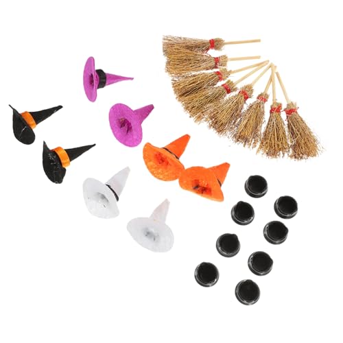 Zerodeko 1Satz Mini Hexenhut mit Mini Besen und Kessel Teiliges Halloween Dekorationsset für Puppenhäuser Mini Wohndekoration und Kreative Landschaftsszenen von Zerodeko