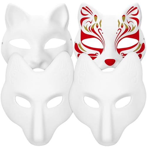 Zerodeko 2 Stück Katzenmaske Und 2 Stück Fuchsmasken Unbemalte Therian-Katzenmasken Bemalbare Weiße Pu-Fuchsmasken Leere Maskenmasken Für Diy-Einfaches Tier-Wolf-Cosplay-Kostüm von Zerodeko