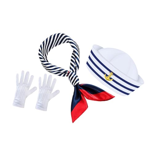 Zerodeko Gestreifter Kapitänshut Set mit Schal und Handschuhen Kostüm Zubehör für Nautische Mottopartys Outfit für Männer und Frauen Segelboot Karneval Cosplay von Zerodeko