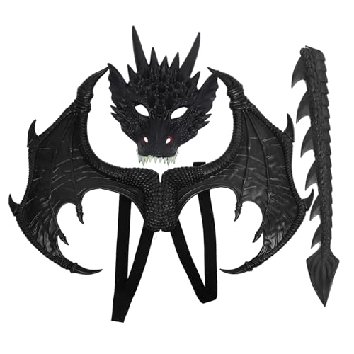 Zerodeko Halloween Drachen Kostüm Set mit Leichter Schwarzer Dragon Maske und Flügeln Hautfreundlich Langlebig für Karneval Cosplay und Party Dekoration Jungen Mädchen von Zerodeko