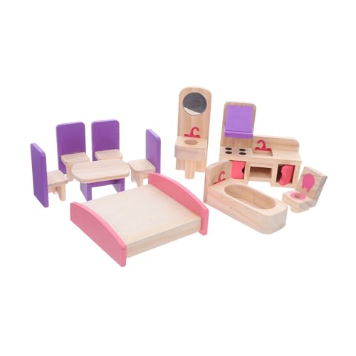 Zerodeko Holz Puppenhaus Möbel Set Miniatur DIY Möbel für Stabiles Holz Puppenhaus Zubehör mit Tisch und Stühlen Fördert Kreativität und Eltern Junge Mädchen Interaktion Einfach Montierbar von Zerodeko