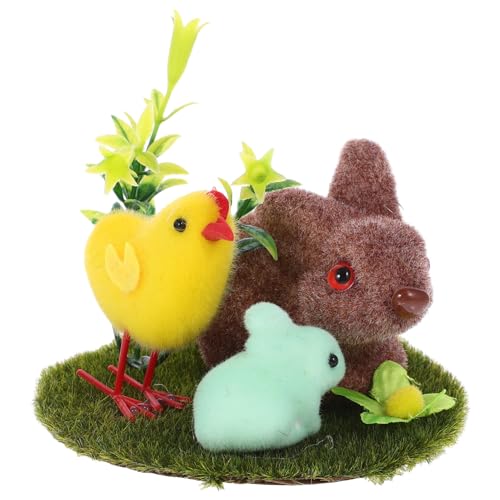 Zerodeko Ornamente Frühlings-tischaufsatz Mini-osterstatue Osterhasenfigur Aus Moos Faux-moos-hase Pelzige Kaninchen Hühnerfigur Tier Requisiten Modellieren Beflockung von Zerodeko