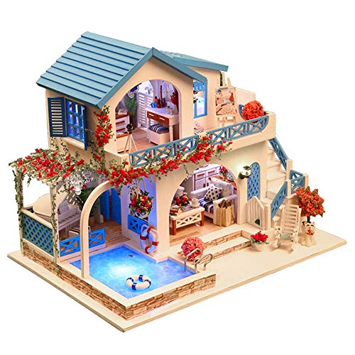 Elegantes DIY hölzernes Puppenhaus Mini DIY blaues weißes Landhaus Puppenhaus Spielzeug Installationssatz mit Staubschutz Geschenken für Jungen und Mädchen von Zerodis