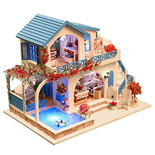 Elegantes DIY hölzernes Puppenhaus Mini DIY blaues weißes Landhaus Puppenhaus Spielzeug Installationssatz mit Staubschutz Geschenken für und Mädchen Elegantes DIY hölzernes Puppenhaus Mini DIY blaues weißes Landhaus Puppenhaus Spielzeug Installationssatz mit Staubschutz Geschenken für und Mädchen von Zerodis