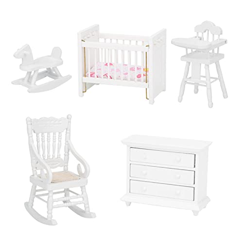 Miniatur Esstisch Stuhl aus Holz, Make-up Dressing Bett Sitzschrank Möbel Set Weiß für 1:12 Puppenhaus(5) von Zerodis