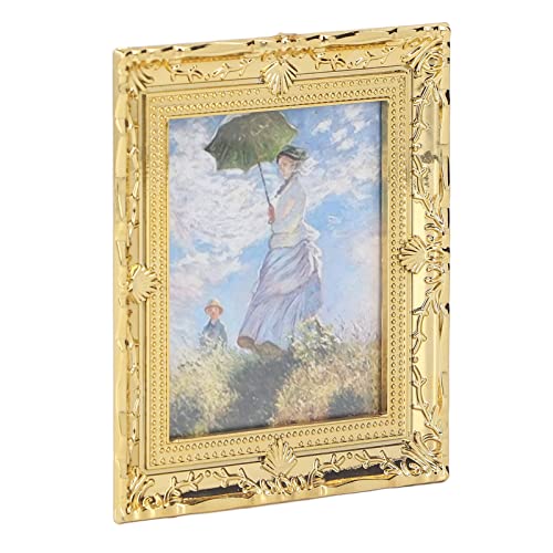 Zerodis 1:12 Miniaturen Kunst Malerei Dollhouse Ölmalerei Goldener Rahmen Acrylmaterial Exquisites Handgefertigte für Mädchen, Perfektes (Regenschirmmädchen) von Zerodis
