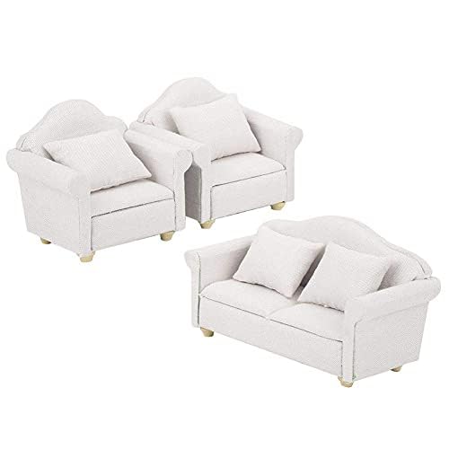 3Pcs Dollhouse Sofa Miniatur Sessel 1:12 Mini Doll House Plaid Sofa Kissen Set Zubehör Raummöbel Spielzeug für Mädchen(Weiß) von Zerodis