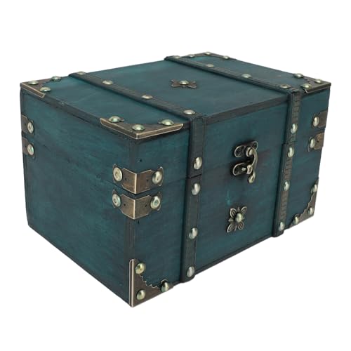 Zerodis Aufbewahrungsboxen Holz Vintage Treasure Chest Box Metal und Lederkomponenten Schmuck Schachtel Zur Organisation von Schmuck Haarzubehör Kosmetikkämpfer Halsketten Schatzkiste (Green) von Zerodis