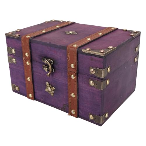Zerodis Aufbewahrungsboxen Holz Vintage Treasure Chest Box Metal und Lederkomponenten Schmuck Schachtel Zur Organisation von Schmuck Haarzubehör Kosmetikkämpfer Halsketten Schatzkiste (Purple) von Zerodis