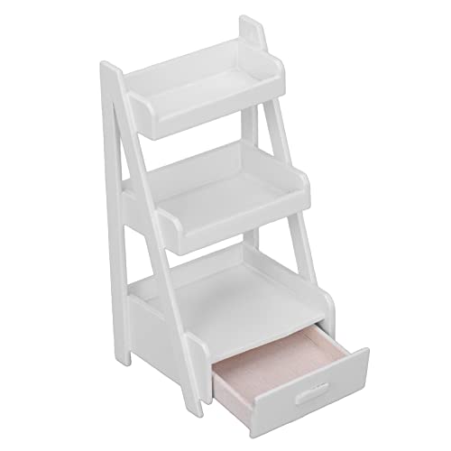 Zerodis Dollhouse Blumenständer Miniatur 3 Schicht Pflanzenständer mit Lagerschublade, Vielseitiges Display -Regal für 1/12 Dollhouse Dekor, Robustes Birkenholzmaterial (White) von Zerodis