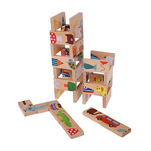 28 stücke Domino Block Set, Tier Bunte Bausteine ​​Set Holz Puzzle Brettspiel Spielen Set Früherziehung Spielzeug Geburtstagsgeschenk für Kind Jungen Mädchen von Zerodis