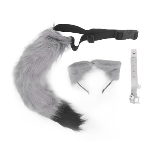 Zerodis Halloween -Katzenohren und Wolf -Schwanz Cosplay Kostüm mit Plüschohren und Glockenkette, Verstellbare Schnalle Größe, für Cosplay Party und Halloween, 1 Schwanz+1 Haarband (GRAY) von Zerodis