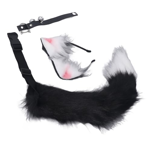 Zerodis Halloween -Katzenohren und Wolf -Schwanz Cosplay Kostüm mit Plüschohren und Glockenkette, Verstellbare Schnalle Größe, für Cosplay Party und Halloween, 1 Schwanz+1 Haarband (Schwarz-Weiss) von Zerodis