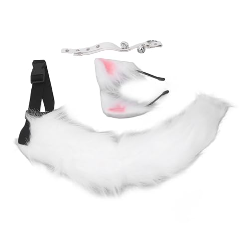 Zerodis Halloween -Katzenohren und Wolf -Schwanz Cosplay Kostüm mit Plüschohren und Glockenkette, Verstellbare Schnalle Größe, für Cosplay Party und Halloween, 1 Schwanz+1 Haarband (WHITE) von Zerodis