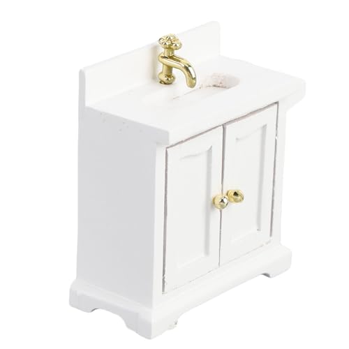 Zerodis Miniaturpuppenhaus Waschbecken Schrank Lebensechte Doppel Tür Badewaschbecken Birkenholz für Spielzimmer oder Ausstellung (White) von Zerodis