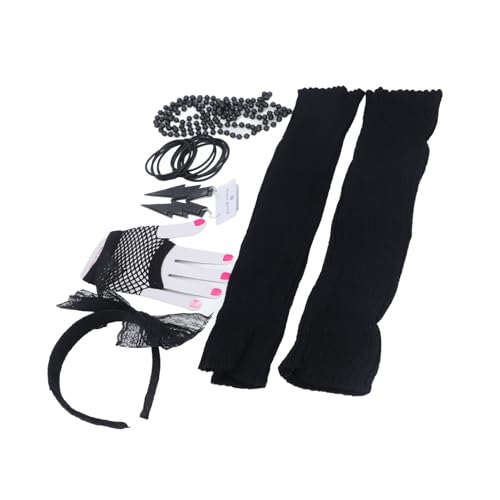 Zerodis Neon -Spitzen -Ohrring Stirnband Set Beinwärmer Armbänder für Parteien der 80er Jahre (BLACK) von Zerodis