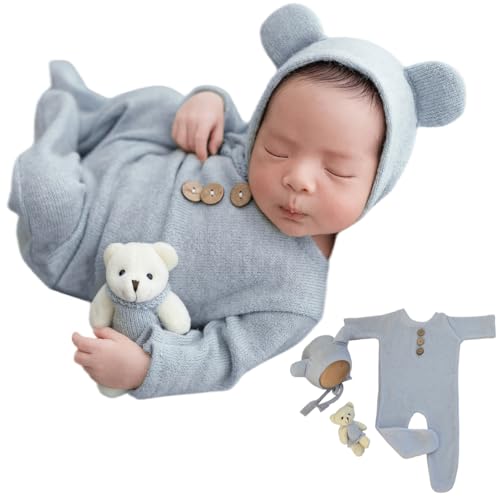 Fotoshooting-Requisite für Neugeborene, Baby-Fotoshooting-Requisiten, Bär, Kleidung, Hellblau von Zeroest