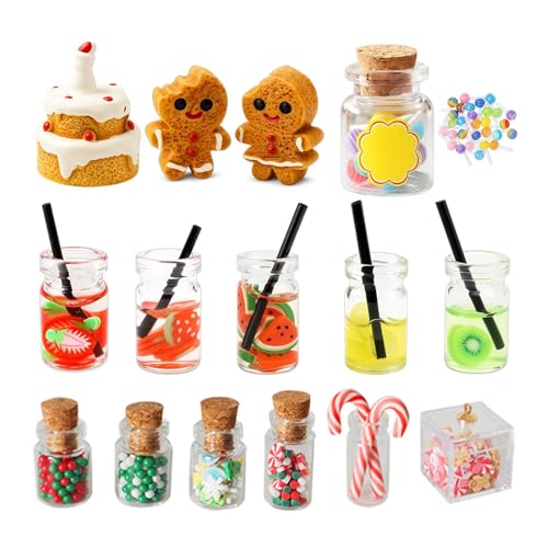 17 Stück Wichtel Zubehör Weihnachten, Miniatur Zubehör Set mit Hochflaschen, Früchtegläsern (Farbe zufällig), Süßigkeiten, Keksen & Kuchen, Ideal für Wichteltür Deko, Puppenhaus und Miniaturenwelt von ZesNxj