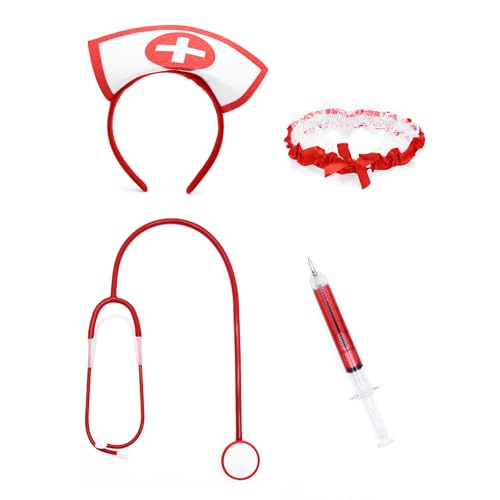 ZesNxj 4 Stück Krankenschwester Kostüm Halloween, Krankenschwester Kostüm, Spitzenbein Band, Spritzstift, Haarklammern & Hörgerät, Rot/Weiß für Karneval, Mottoparty, Halloween (Rot Weiß) von ZesNxj