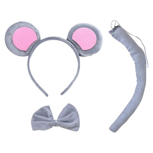 ZesNxj Maus Kostüm Damen, Tier Kostüm Set Maus Ohren Haarreif, Greyb Mouse Ears Stirnband Schwanz und Krawatte, Maus Kostüm für Kinder Cosplay Geburtstagsfeier Karneval Weihnachten Party von ZesNxj