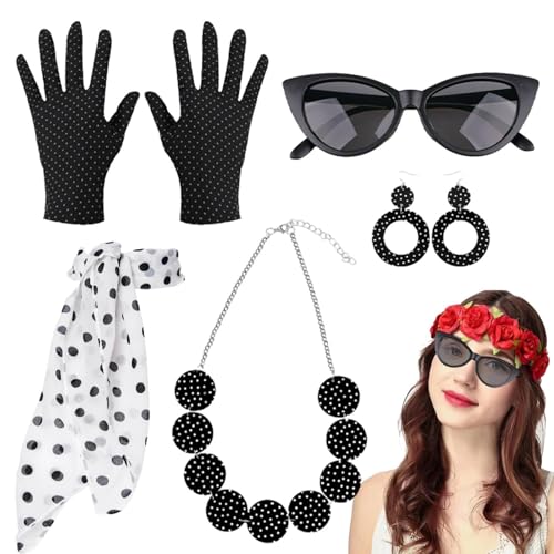 Zestivra 50er Jahre Kostüm Zubehör für Frauen - Polka Dots Handschuhe Halskette Stirnband - Disco Outfit Verkleidung Party Outfits für Mädchen von Zestivra