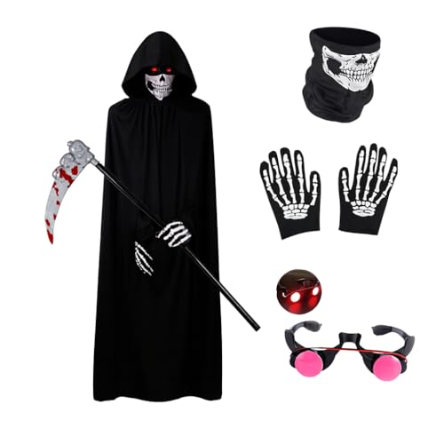 Zevmi Sensenmann Kostüm Set: Grim Reaper Kostüm Halloween Vampir Umhang mit Sichel Rote Brille Maske & Handschuhe für Dekoration Party Karnevals Cosplay für Herren und Jungen von Zevmi