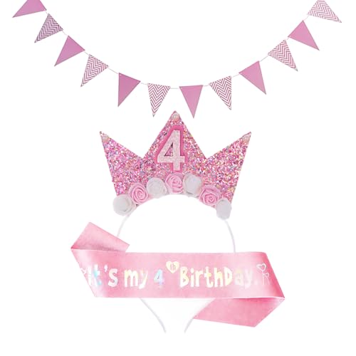 4 Geburtstag Mädchen, Dekoration Geschenke, Geburtstag Ziehen Flagge 4 Jahre alt Mädchen, Schöne Krone, 2 Stück Set, Prinzessin Thema Party Dekoration 4 Geburtstag Mädchen, Dekoration Geschenke, Geburtstag Ziehen Flagge 4 Jahre alt Mädchen, Schöne Krone, 2 Stück Set, Prinzessin Thema Party Dekoration von ZexJpr