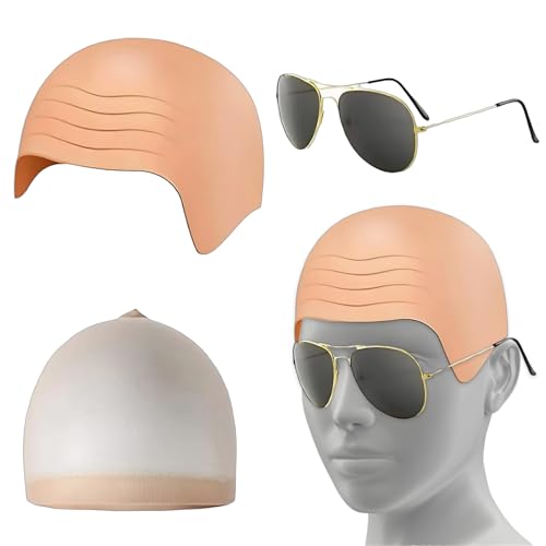 Glatzenkappe Set, 3-teiliges Zubehör Set mit Glatzkappe, Haarnetz und Sonnenbrille, für Halloween, Bühnenauftritte und Familien-Spaß, LatexGlatzenkappe, 14x13.6cm Sonnenbrille von ZexJpr