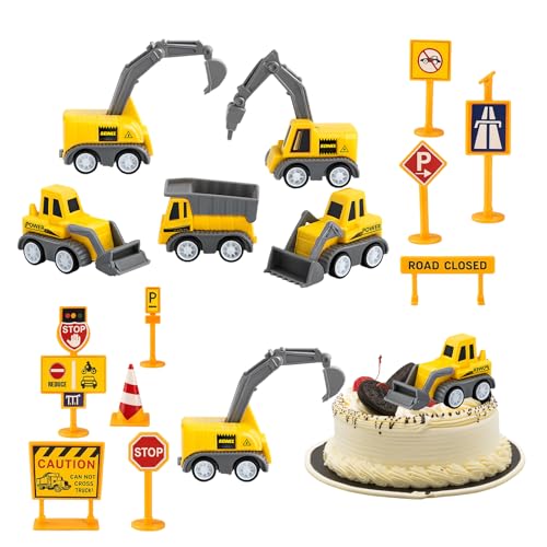 ZexJpr 14-teiliges Set Mini Bagger, Baustelle Dekoration Für Kindergeburtstag, Mit Baustellenfahrzeugen Und Schildern, Ideal Für Kinder Von 2 Bis 5 Jahren, Kreatives Spielzeug Und Partydekoration von ZexJpr