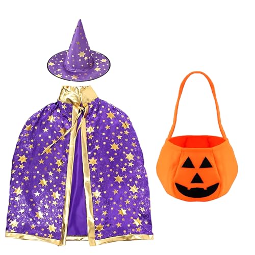 ZexJpr Halloween Kostüm Kinder, Hexenkostüm Mit Hexenhut Und Zauberumhang, Größe 80-140 cm, 3-teiliges Set Für Halloween-Partys Und Rollenspiele, Lila Farbe, Geschenke Für Junge Mädchen von ZexJpr