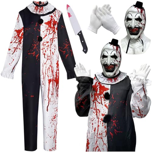 Zezuxy Clown schwarz-weißer Overall mit Maske, Gruselfilm-Kostüm, Halloween, Rot, Größe S von Zezuxy