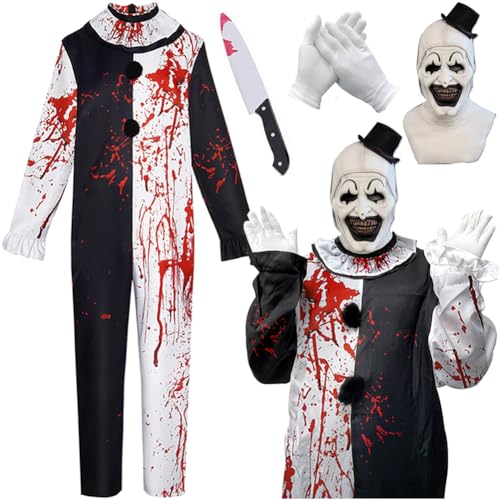 Zezuxy Clown schwarz-weißer Overall mit Maske, Gruselfilm-Kostüm, Halloween (Weiß, XL) von Zezuxy