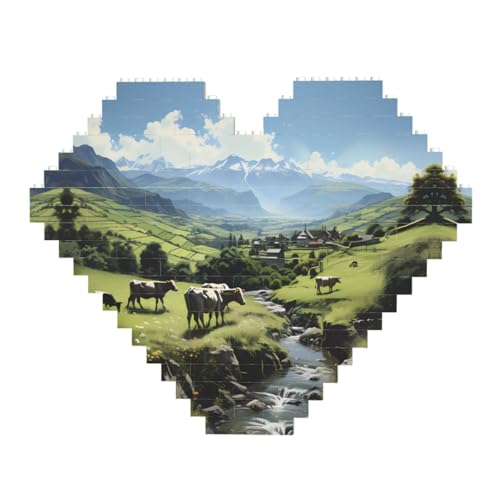 Alpenbauernhof Kühe Druck Baustein Puzzle - Herzförmige Bildpuzzles Holzbild Puzzle von ZhRiYan