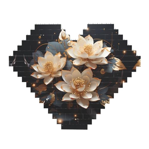 Böhmischer goldener Lotusdruck Baustein-Puzzle – Herzförmige Bildpuzzles, Holzbilder-Puzzles von ZhRiYan