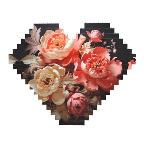 Bunte Pfingstrosen Druck Baustein-Puzzle – Herzförmige Bilderpuzzles, Holzbilder-Puzzles von ZhRiYan